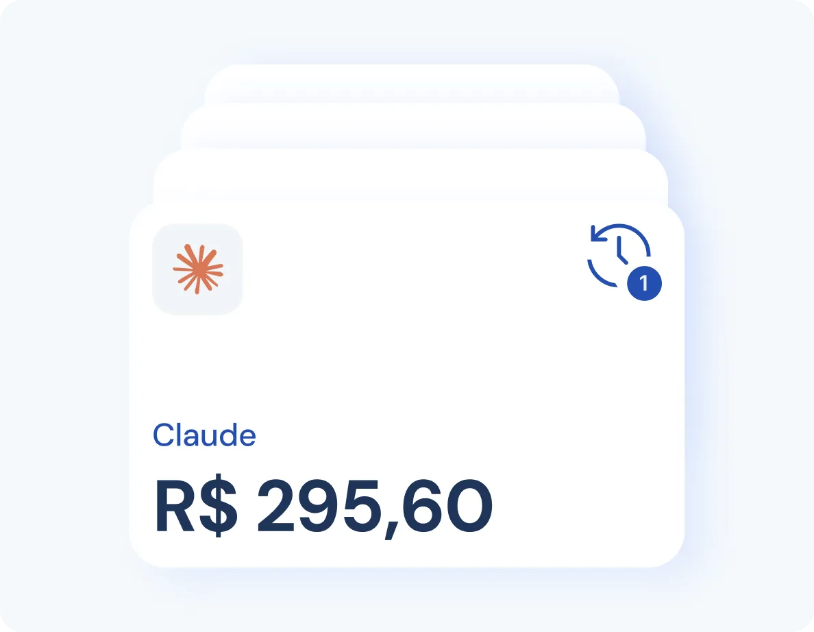 Digital card showing name Claude with an amount of R$295.60 and a clock icon with number 1.