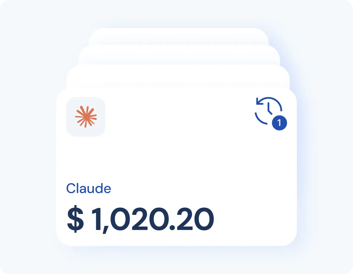 Digital card showing name Claude and balance $1,020.20 with a clock icon and notification.
