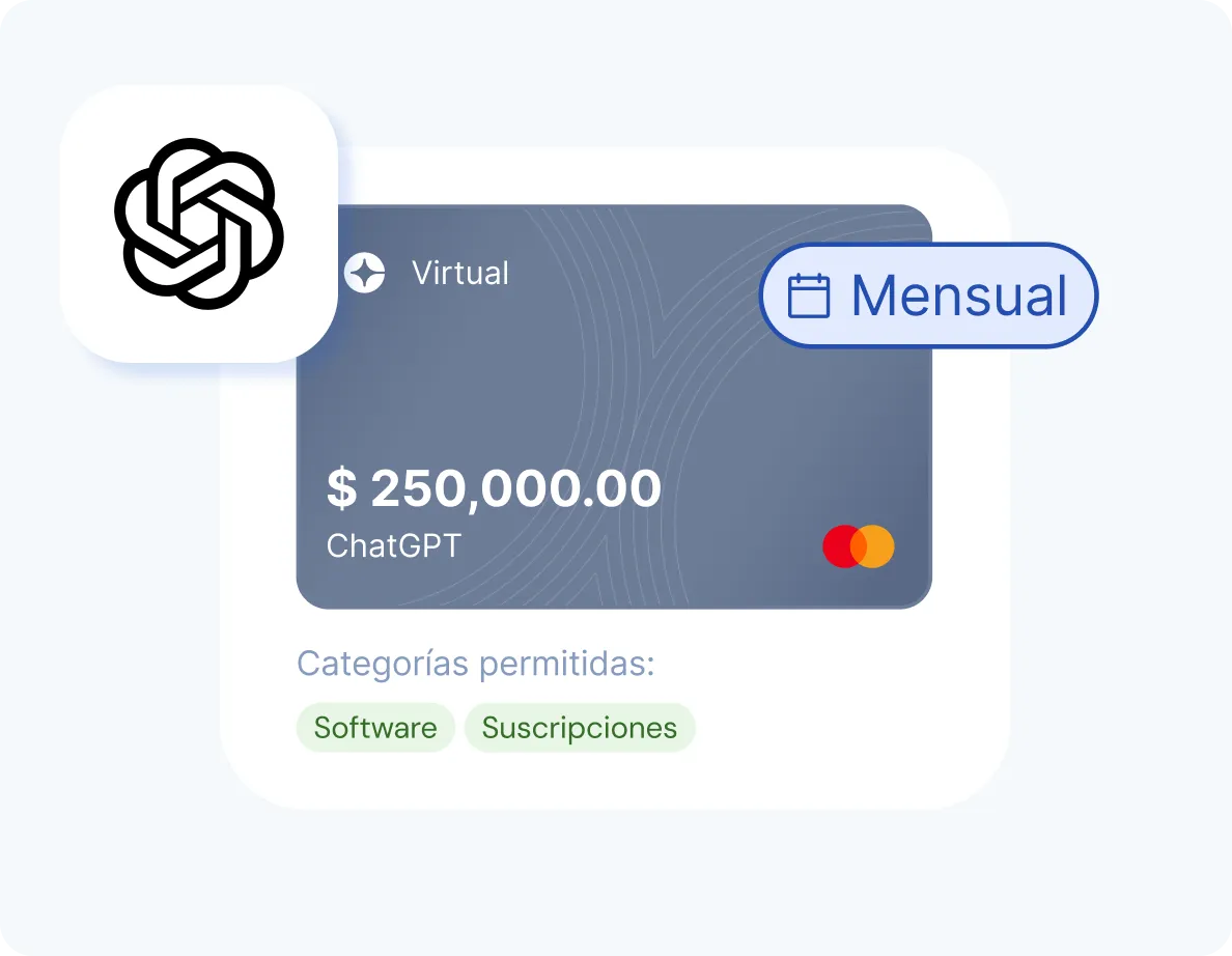 Virtual ChatGPT card showing $250,000 limit, monthly billing, allowed categories software and subscriptions.