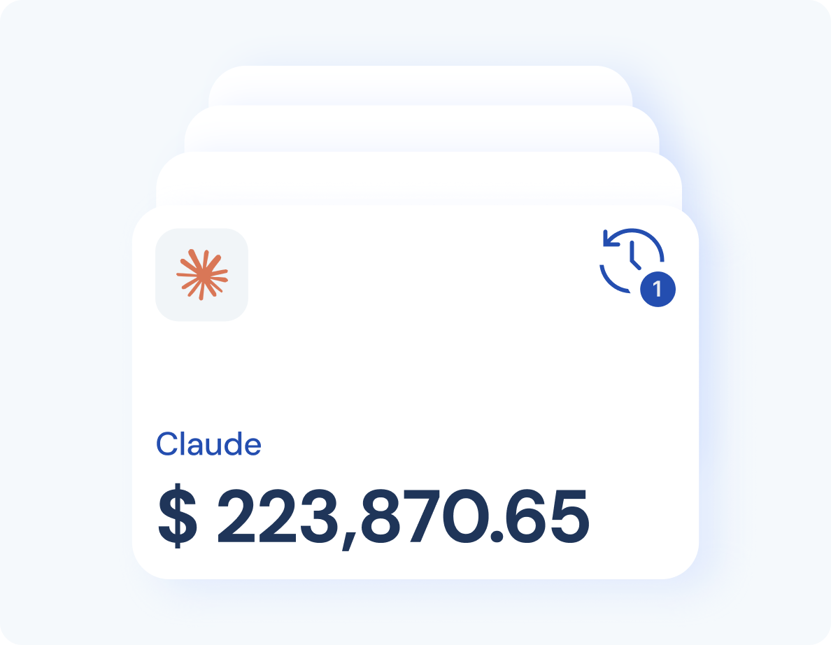 Digital card showing name Claude and balance of $223,870.65 with a refresh clock icon and badge 1.