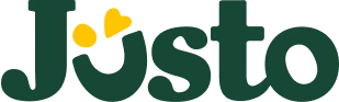 Justo brand name text with two yellow heart shapes replacing the dot on the letter 'j'.
