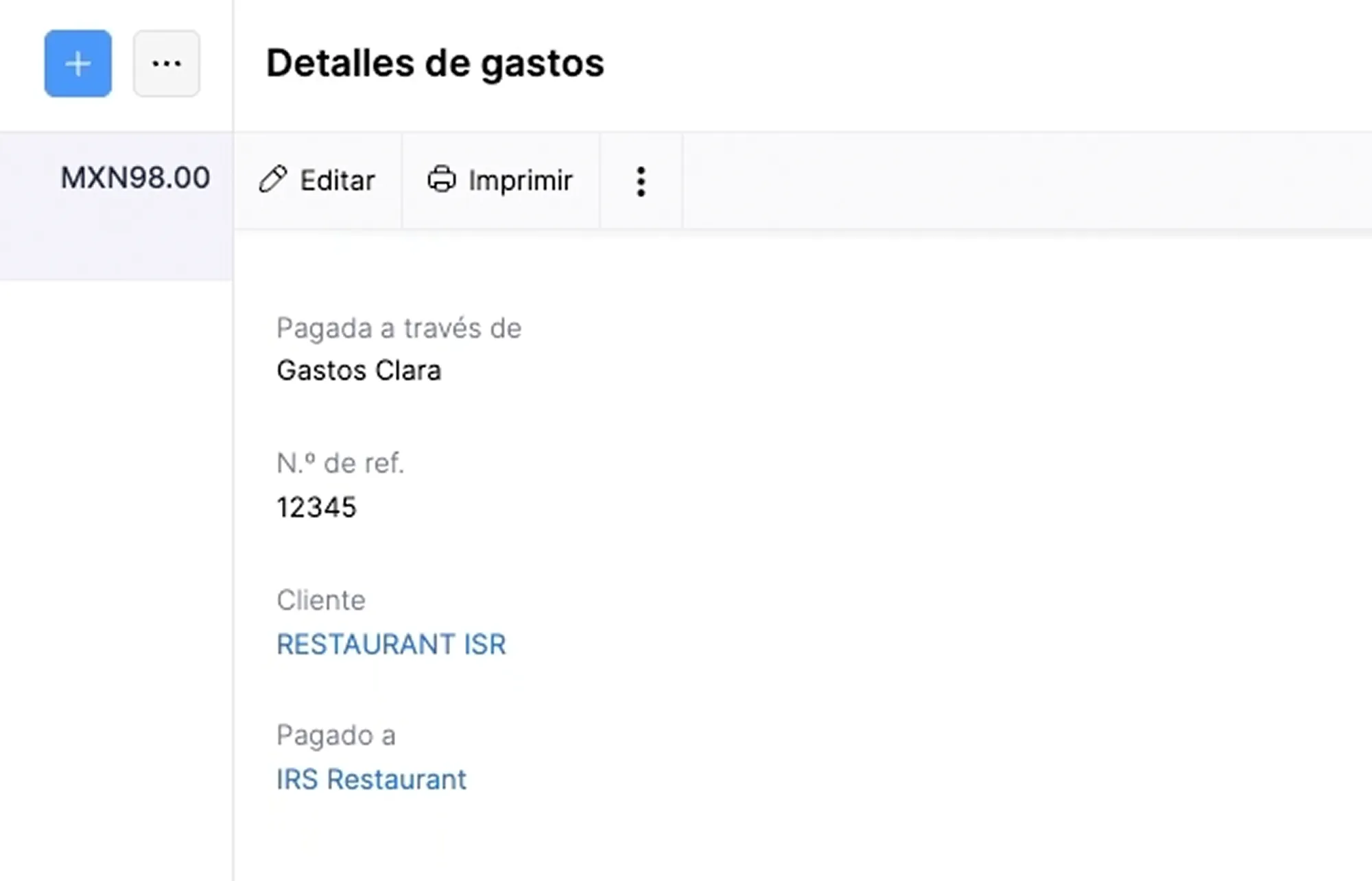 Expense details showing MXN 98 paid through Gastos Clara with reference 12345 to IRS Restaurant.