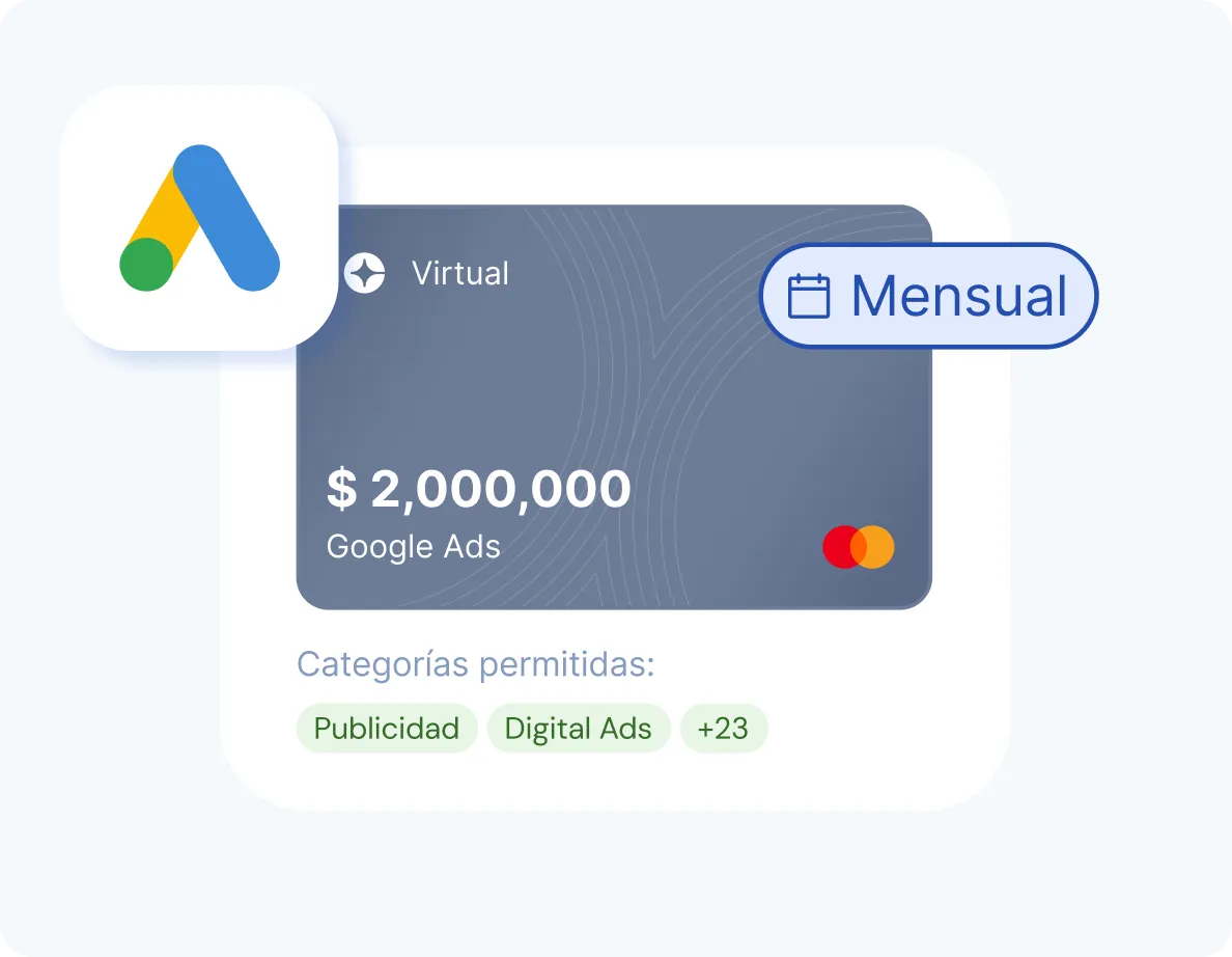 Virtual Google Ads Mastercard showing $2,000,000 monthly budget with allowed categories in Spanish.
