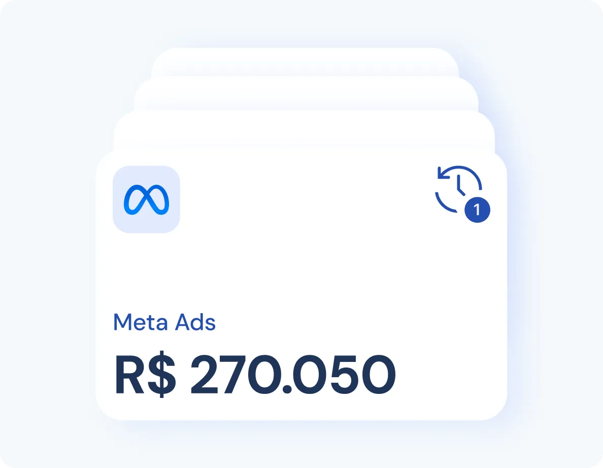 Meta Ads card showing amount R$ 270.050 with a refresh icon and notification badge 1.