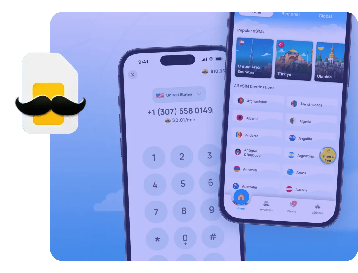 Two smartphones showing an eSIM app interface with country selection and dial pad, plus a SIM card icon with a mustache.