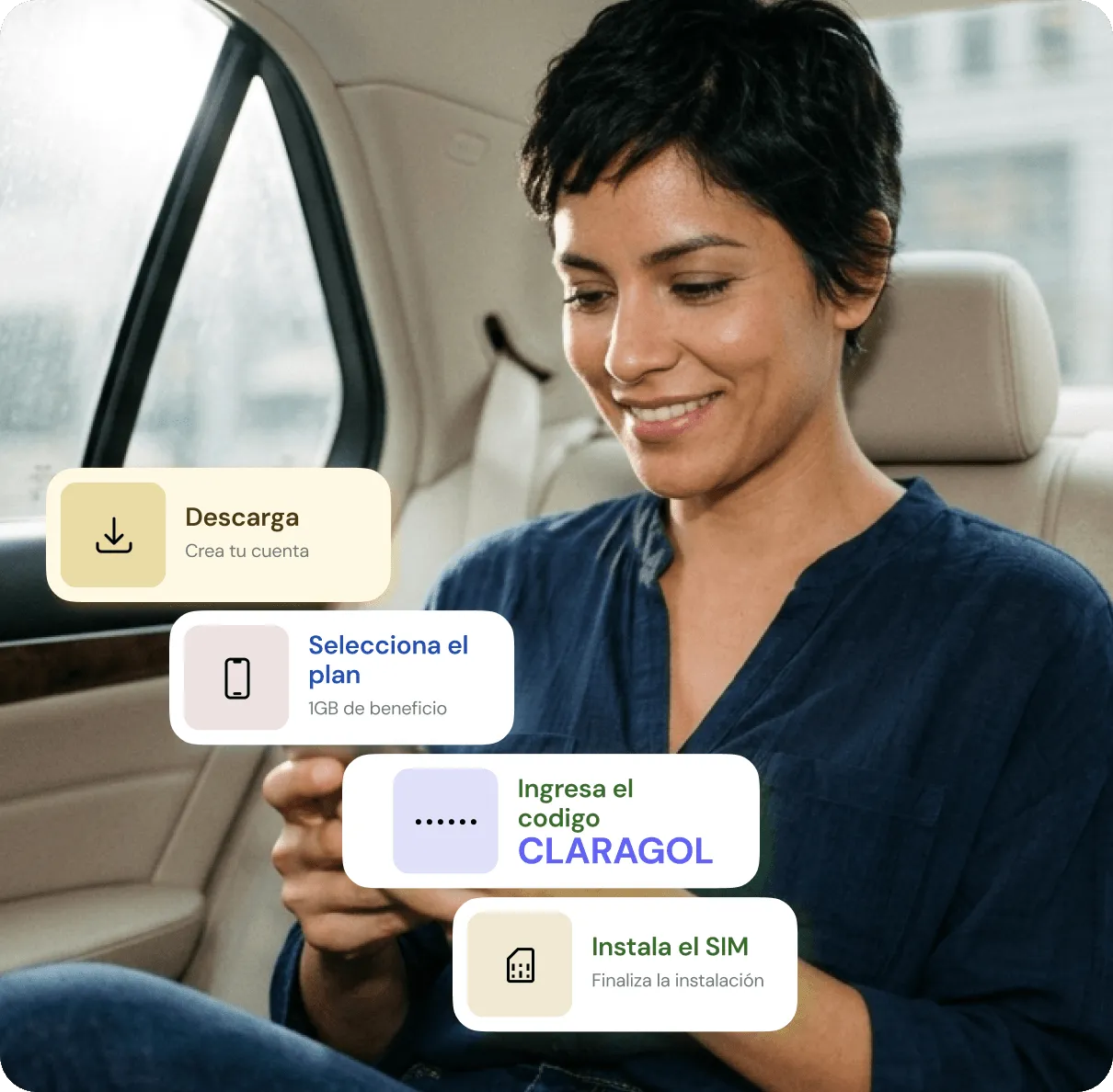 Woman sitting in car smiling while using phone with overlay steps in Spanish for SIM setup.
