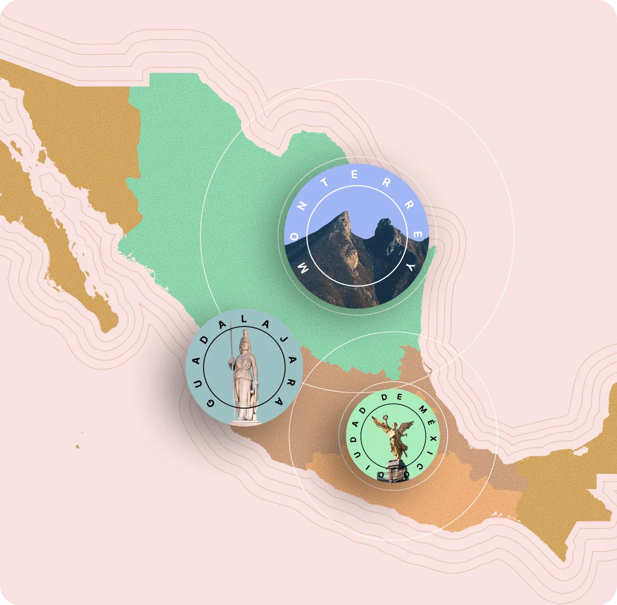 Map of Mexico with highlighted states Monterrey, Guadalajara, Mexico City shown with landmarks.