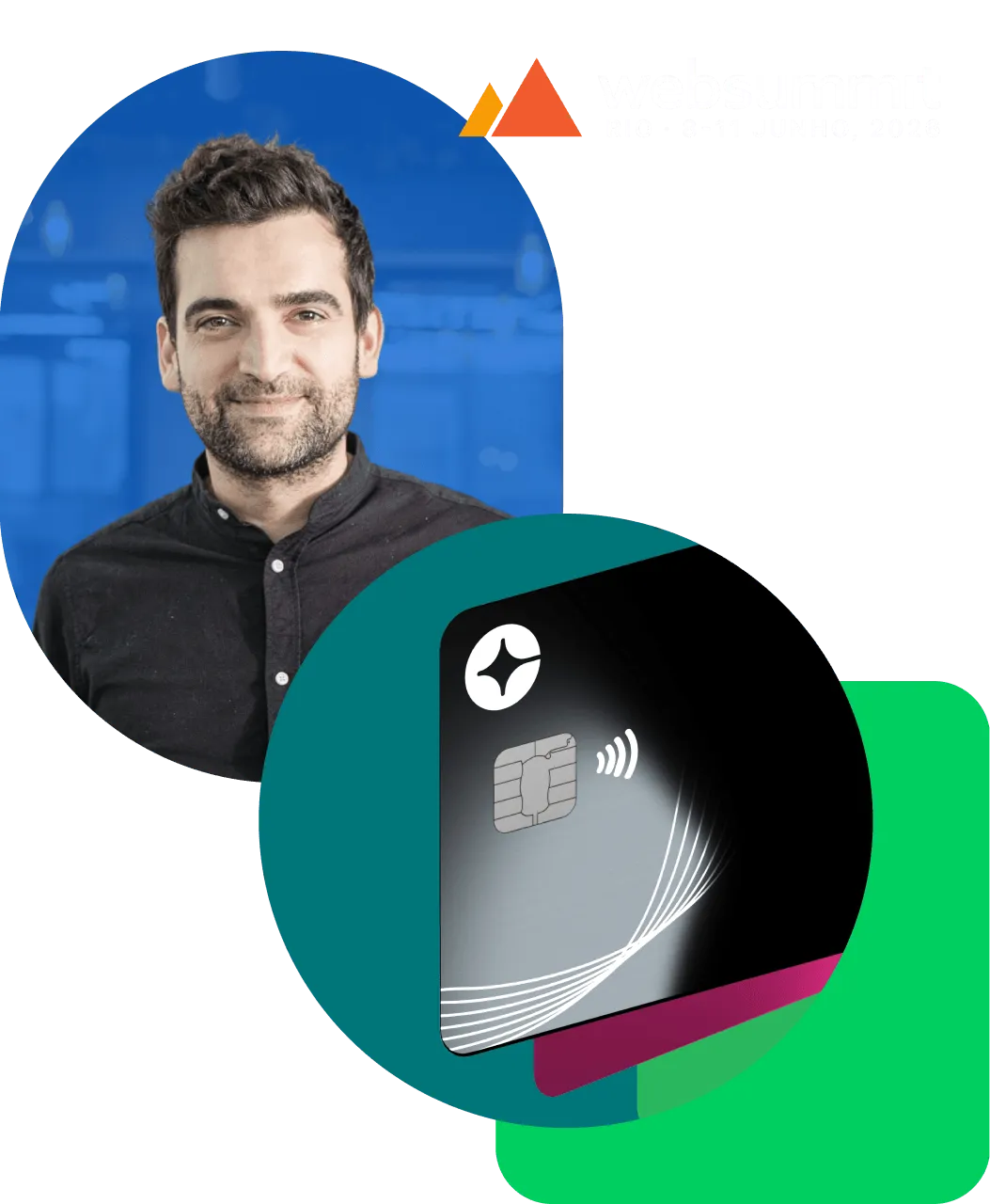 Smiling man in black shirt and a metallic contactless credit card with white design on colored shapes.