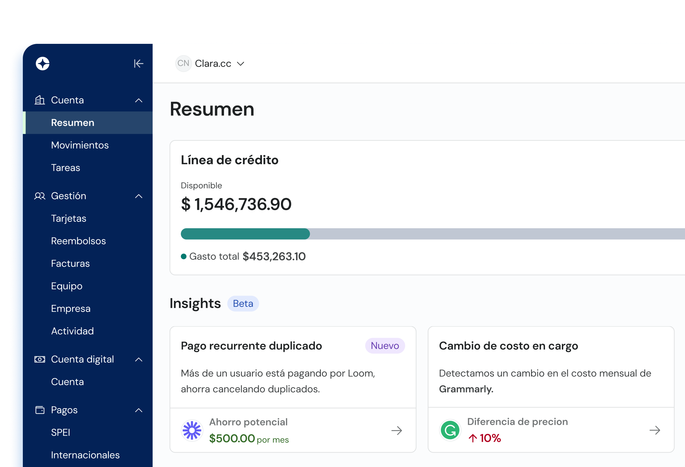 Clara platform interactive demo showing spend management dashboard and controls