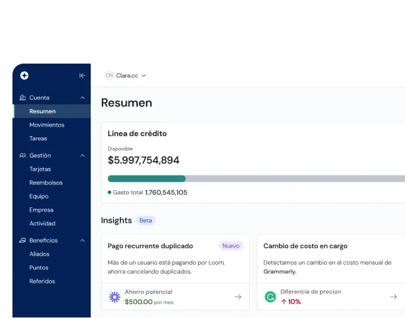 Dashboard showing credit line summary, total spending, and insights on duplicated payments and cost changes.