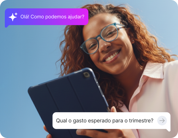 Professional using Clara Intelligence on a tablet, with chat message bubbles overlaid