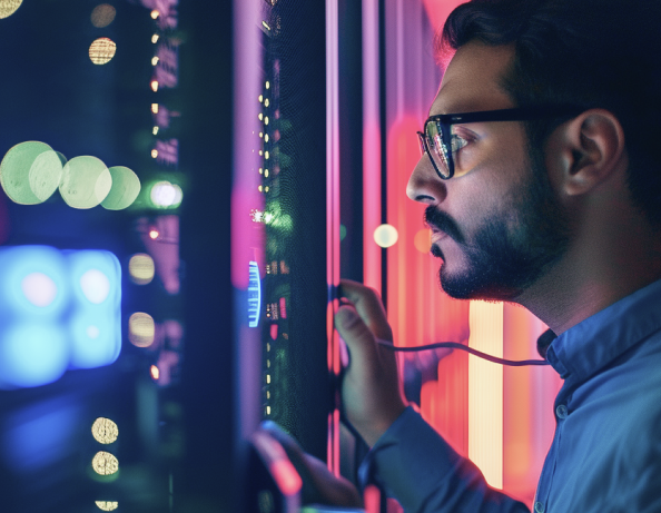 Engineer reviewing server infrastructure in a data center