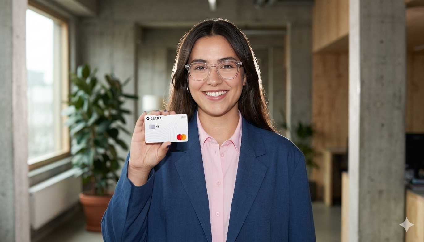Woman in blazer holding a Clara corporate card