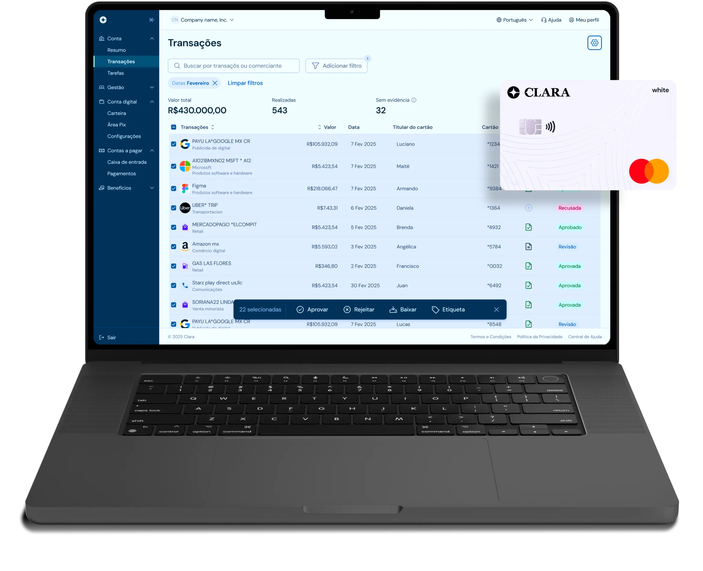 Clara platform dashboard on a laptop with a corporate card