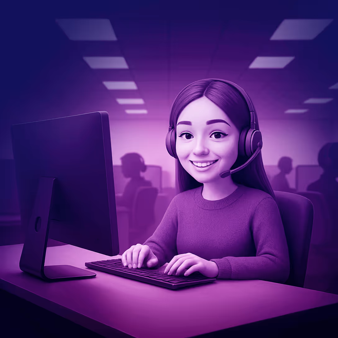 Woman with a headset sitting by her desk in a call center.