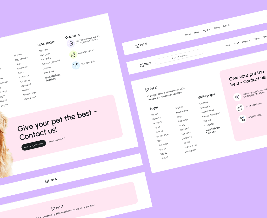 Pet X 3 Headers And Footers Veterinary Webflow Template
