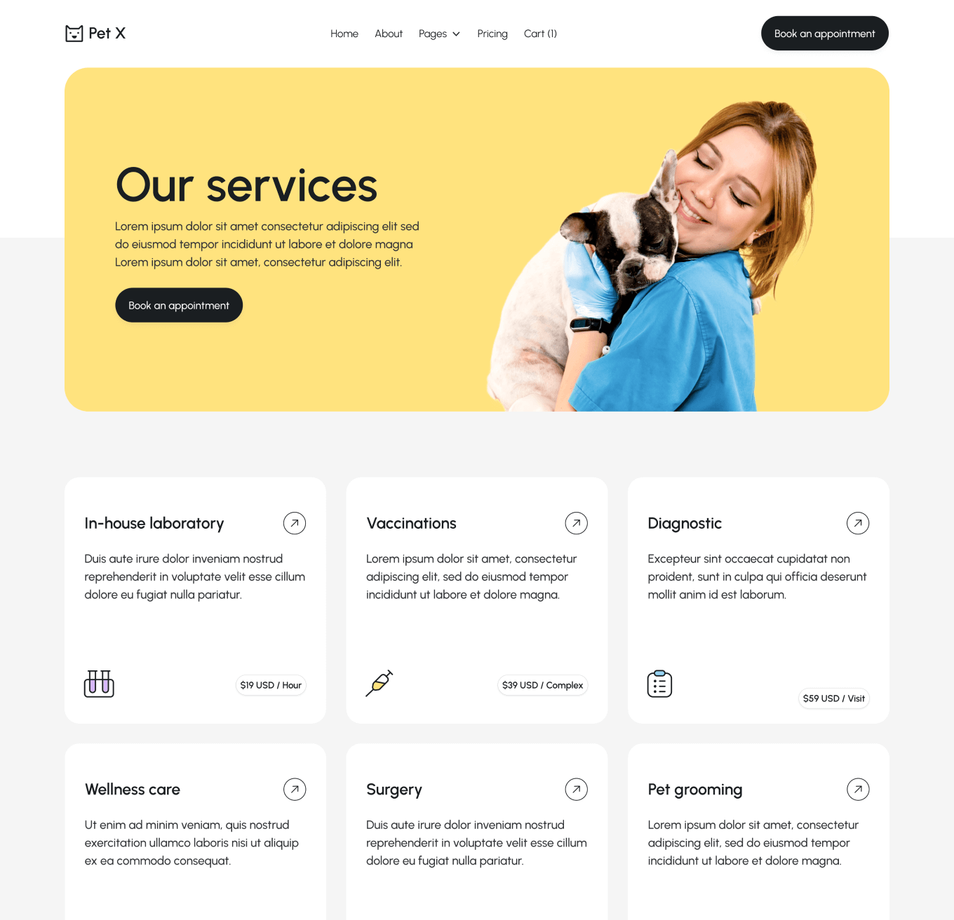Pet X Services Hero Page Veterinary Webflow Template