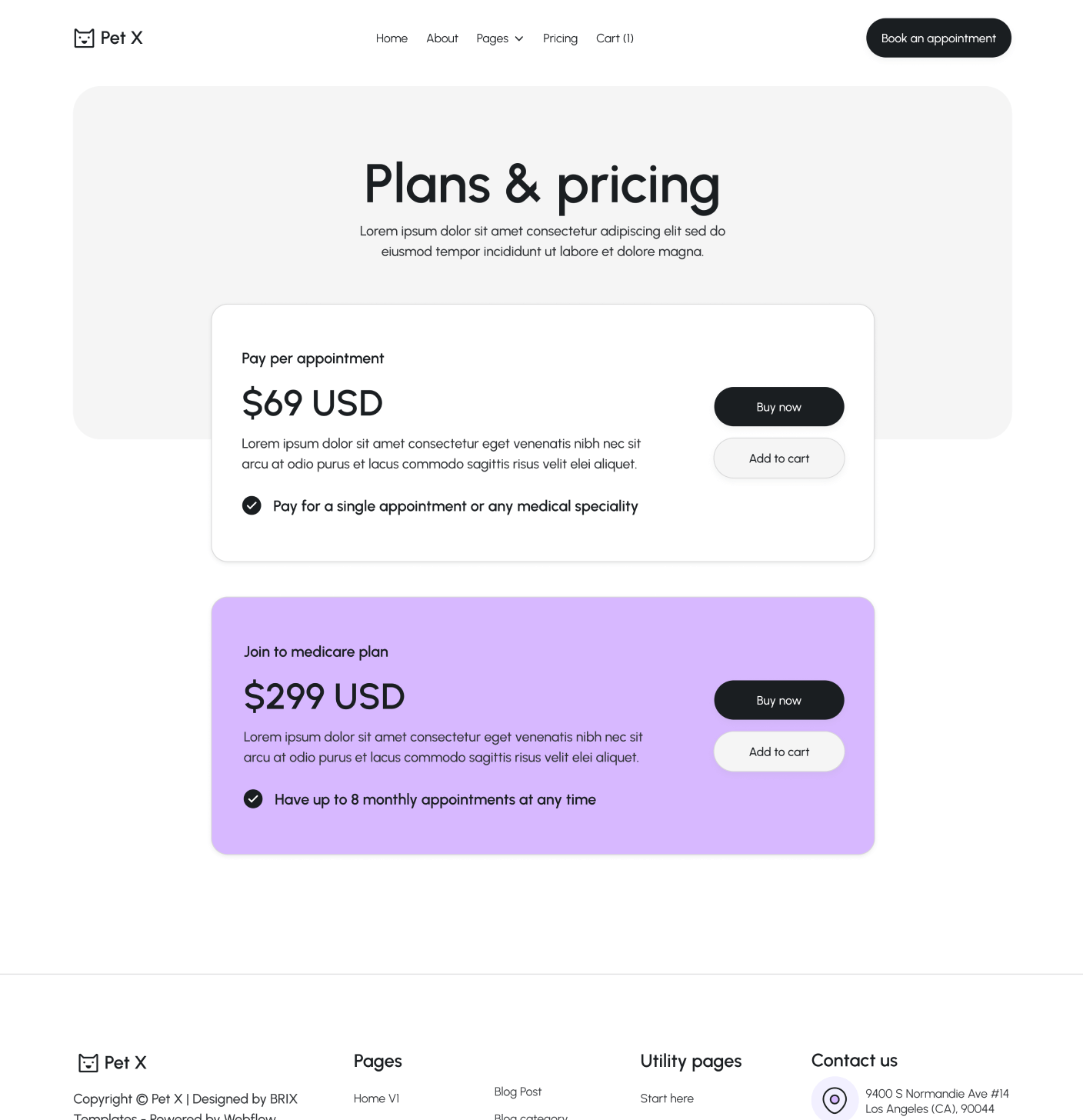 Pet X Pricing Main Page Veterinary Webflow Template