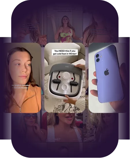Three smartphone screen images: a woman with glowing skin describing her skincare routine, a foot spa device labeled for cold feet relief, and a hand holding a purple iPhone.