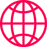 Red globe icon with latitude and longitude lines representing the world.