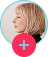 Side profile of a blonde woman with a pink plus icon overlay at the bottom center.