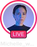 Portrait of a woman with dark hair in a bun illuminated by purple and blue lighting, with a red live broadcast icon below her face.