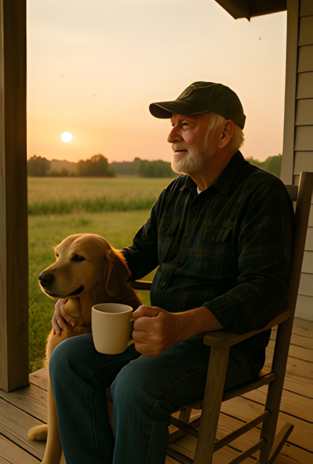Elderly man wearing a cap sitting on a porch rocking chair with a mug in hand and petting a golden retriever during sunset.