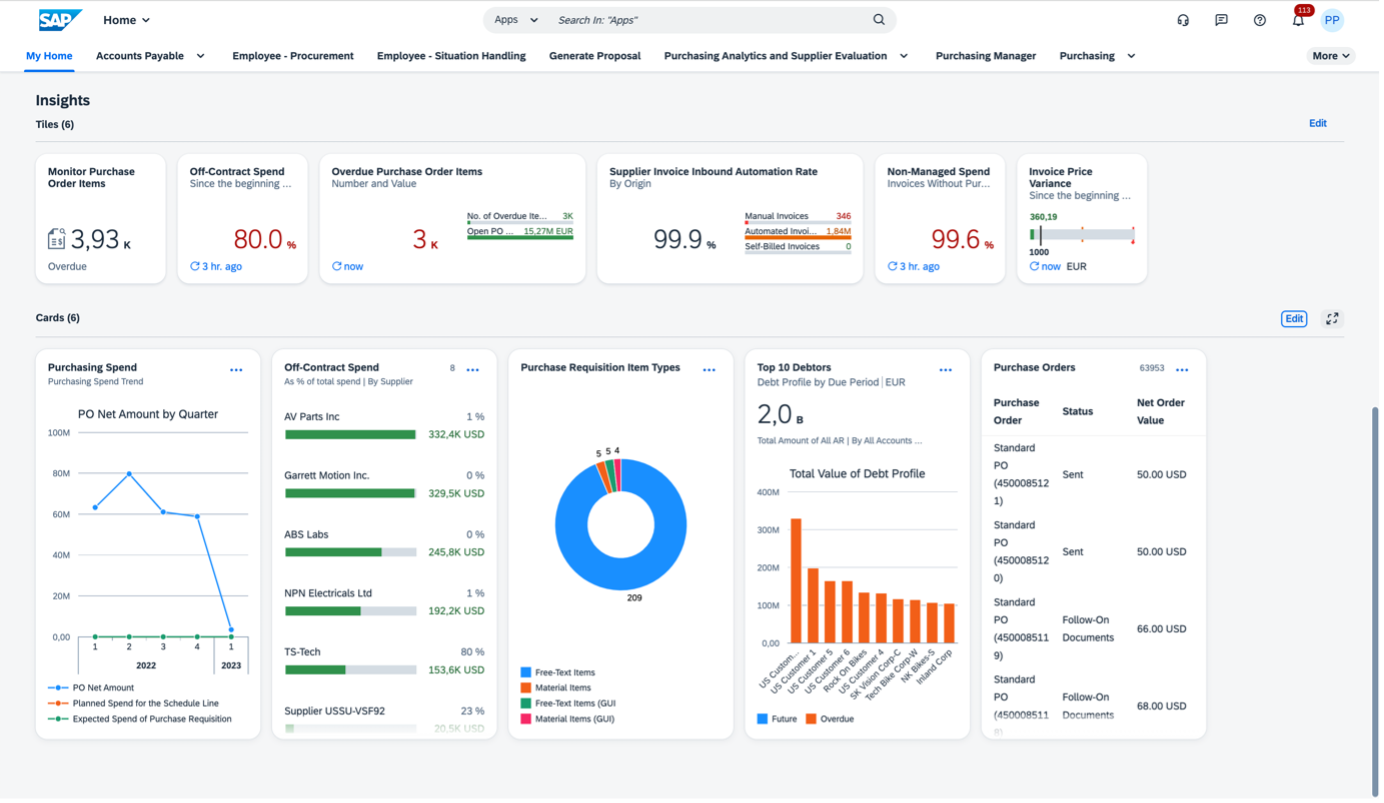 SAP Fiori My Home mit sechs Kacheln und sechs Cards zu Einkauf und Debitoren, etwa Purchasing Spend und Top 10 Debtors