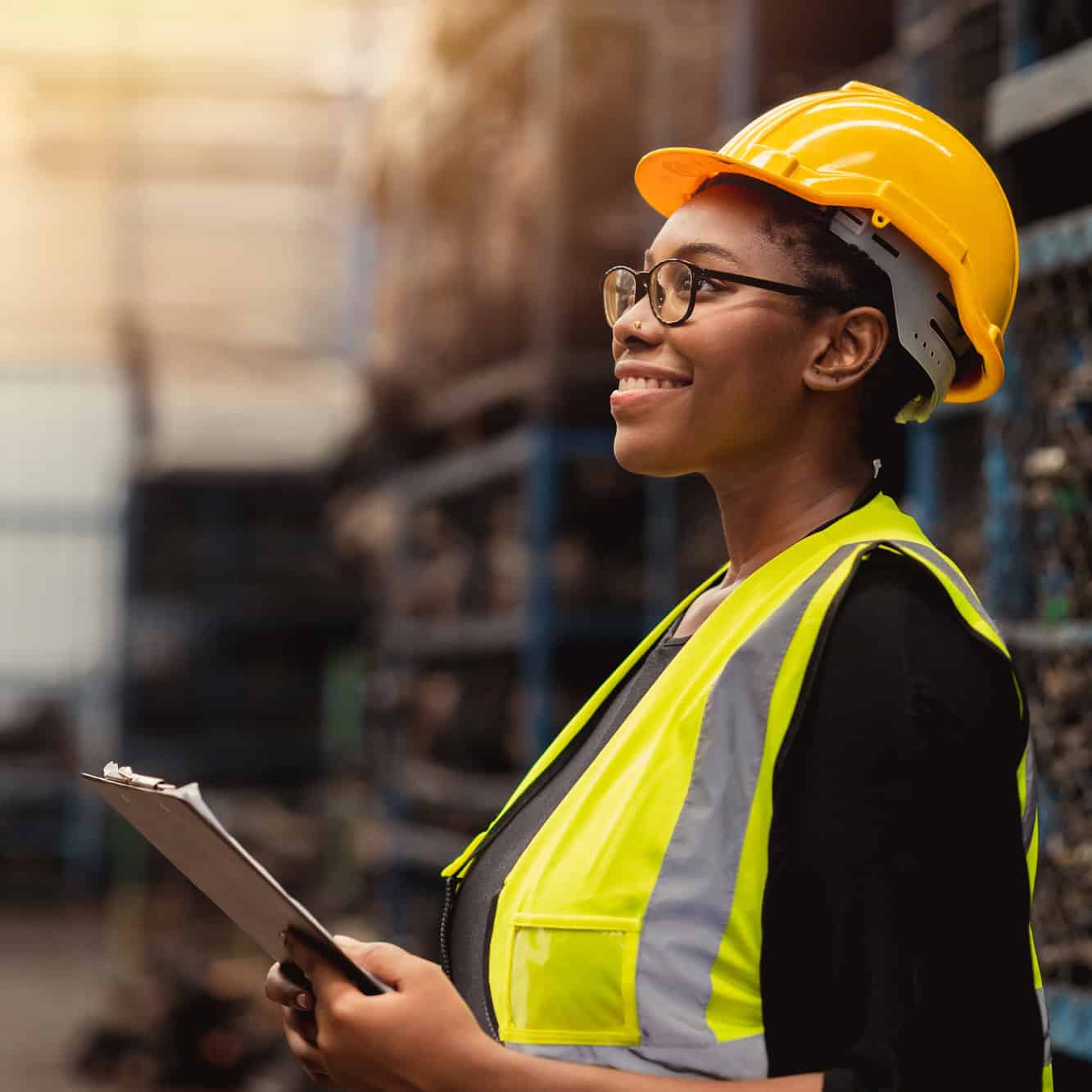 Smiling warehouse worker in a hard hat and hi-vis vest holding a clipboard among storage racks