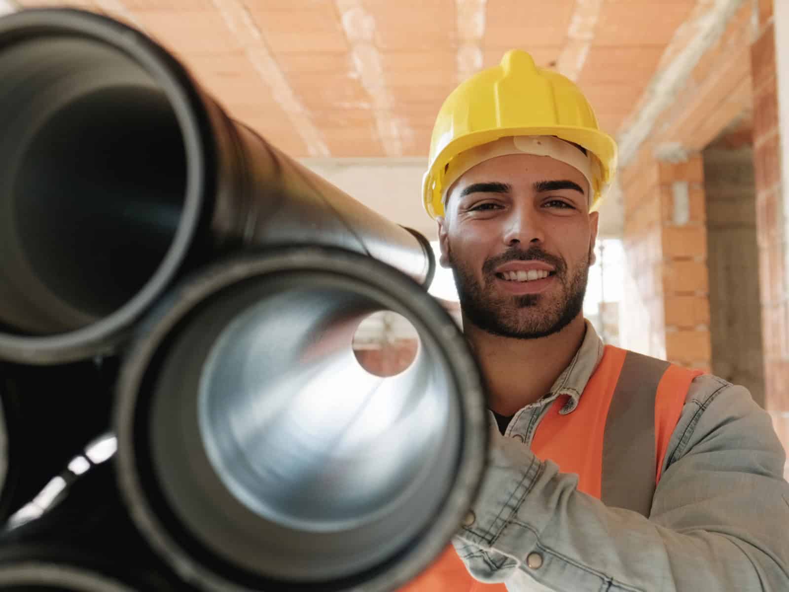 Smiling construction worker in a hard hat and safety vest beside large pipes at a building site