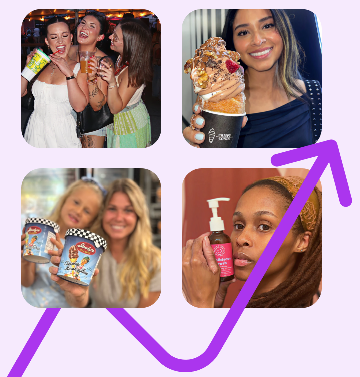 Collage of four images showing social and product moments: three women laughing and drinking, a woman holding an elaborate ice cream cone, a mother and daughter holding ice cream tubs, and a woman holding a bottle of hibiscus-brush skincare product.