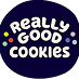 Logo with text 'Really Good Cookies' surrounded by colorful dots on a dark blue irregular shape.
