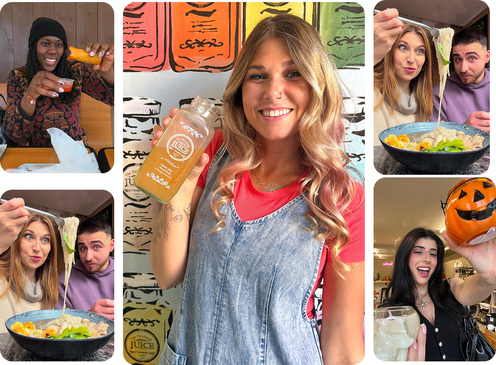 Collage of four photos showing people enjoying food and drinks: a woman pouring sauce, a woman holding a juice bottle smiling, a couple eating noodles, and a woman holding a Halloween pumpkin bucket and skull glass.