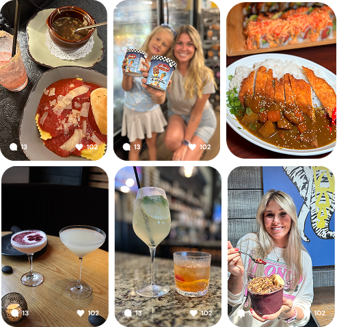 Collage of six photos featuring dishes and drinks including a soup and bread, a meat dish with sauce, cocktails on a table, a woman with a dessert bowl, and a woman with a child holding ice cream containers.