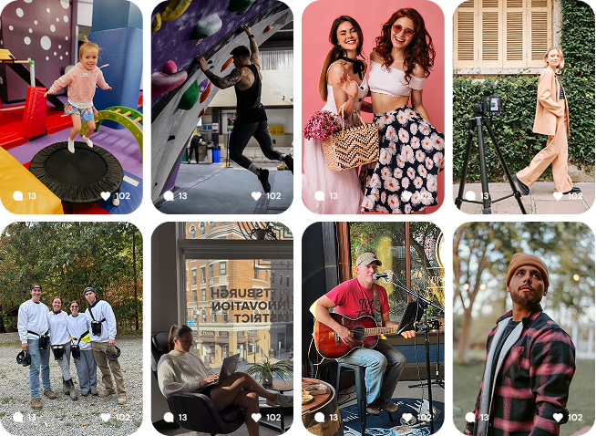 Collage of eight diverse lifestyle images including a child on a trampoline, woman rock climbing, two women posing with flowers, a woman walking by a camera setup, a group of four photographers outdoors, a woman reading by a window, a man playing guitar at a cafe, and a man in a beanie looking up outdoors.