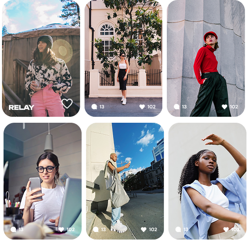 Collage of six diverse people in urban settings, including a woman in a patterned sweater and pink pants, a woman in black skirt with tree backdrop, a woman in red top and black pants, a woman using a smartphone indoors, a man with tote bag on city street, and a woman posing outdoors in a blue shirt.