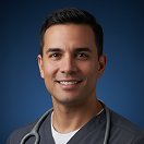 A portrait image of a young venezuelan male doctor