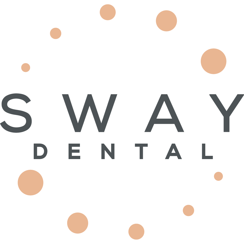 SWAY DENTAL logo with black text surrounded by a circle of orange dots of varying sizes.