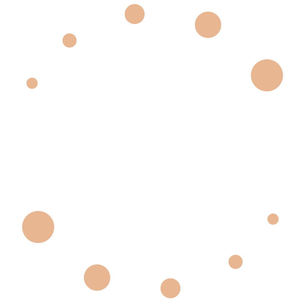 Circular arrangement of nine peach-colored dots of varying sizes on a white background.