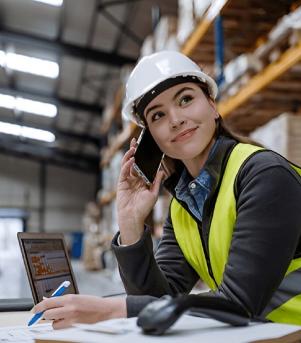 Woman in a white hard hat and yellow safety vest talking on a smartphone while working at a laptop in a warehouse.