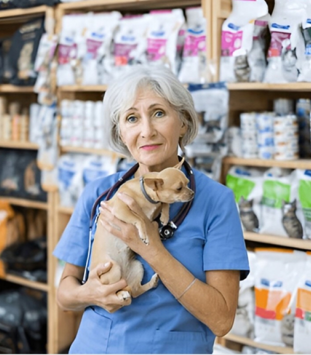 Veterinarian in blue scrubs holding a small dog in a pet supply store.