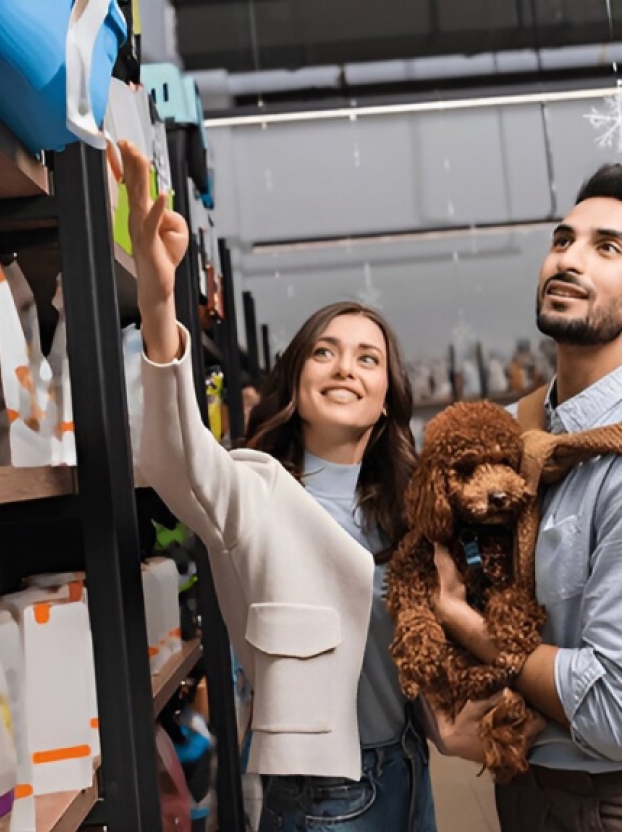 A smiling woman reaching for an item on a store shelf while a man holds a brown curly-haired dog beside her.