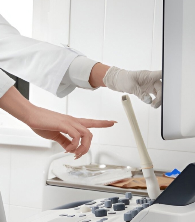 Two hands, one gloved and one ungloved, pointing and interacting with a medical ultrasound machine in a clinical setting.