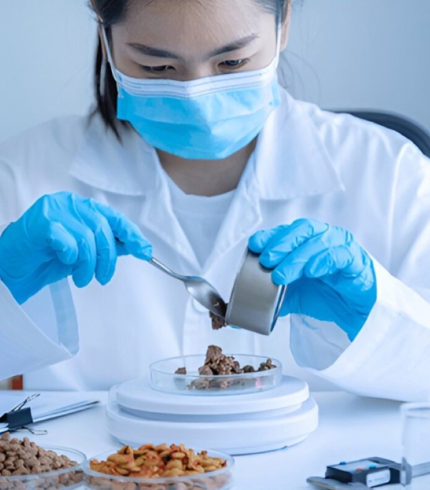 Scientist wearing blue gloves and a mask pouring wet pet food from a can into a petri dish on a scale, with dry pet food samples nearby.