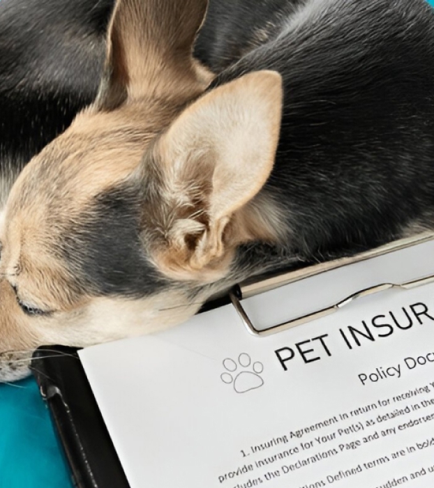 Small dog with tan and black fur resting head on a clipboard holding a pet insurance policy document.