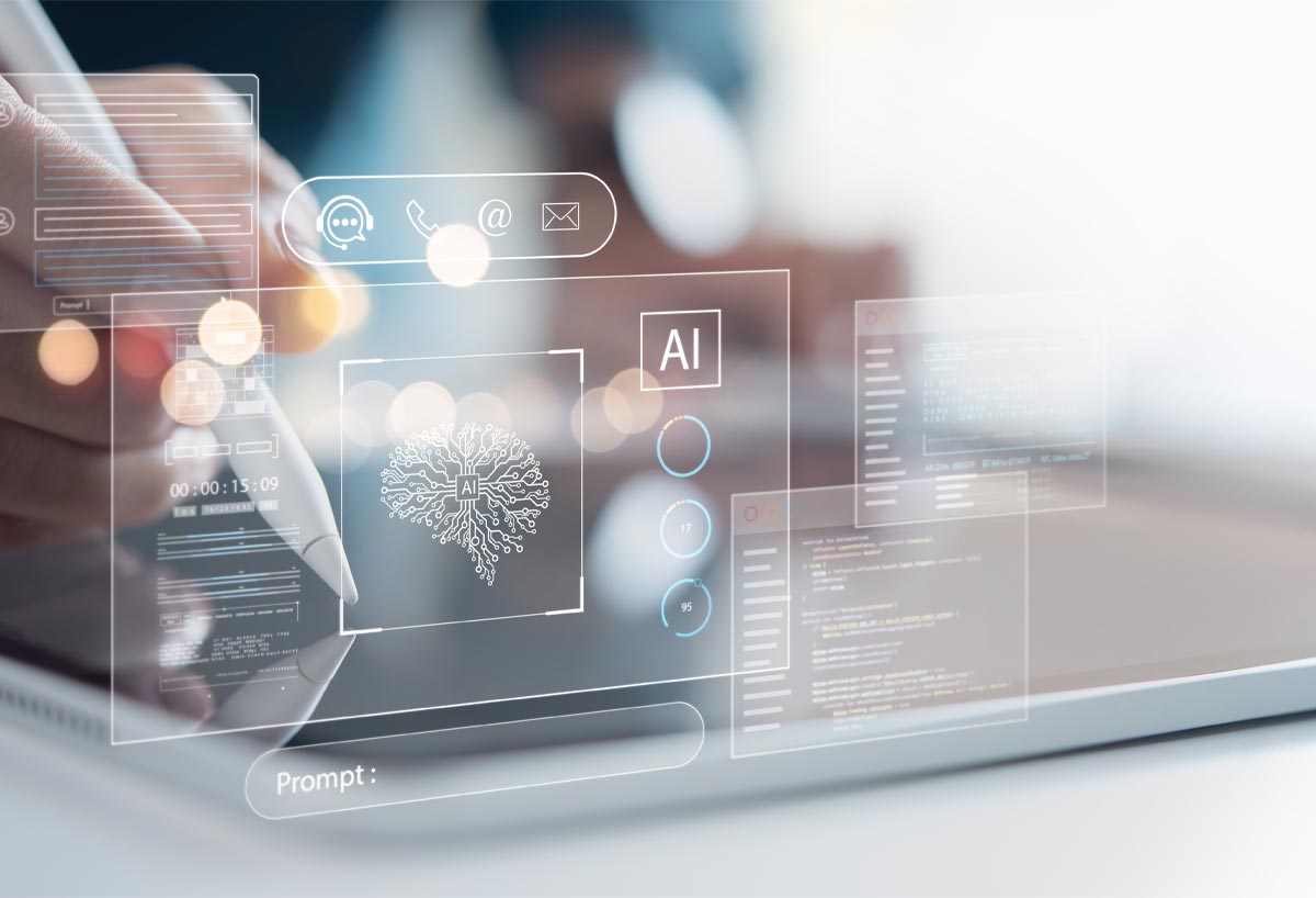 Hand using a stylus on a tablet with overlaid digital interface showing AI brain icon, code windows, and communication icons.