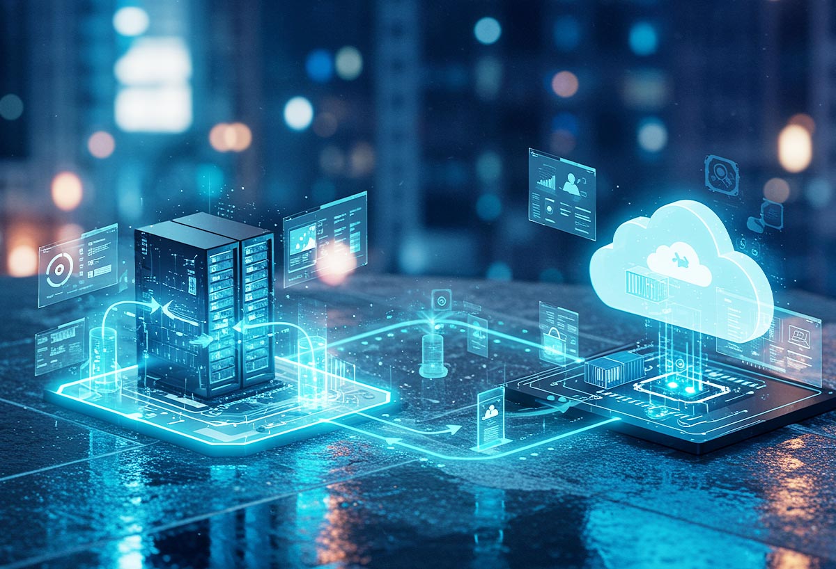 Digital illustration showing connection between a data server and a cloud platform with holographic data interfaces.