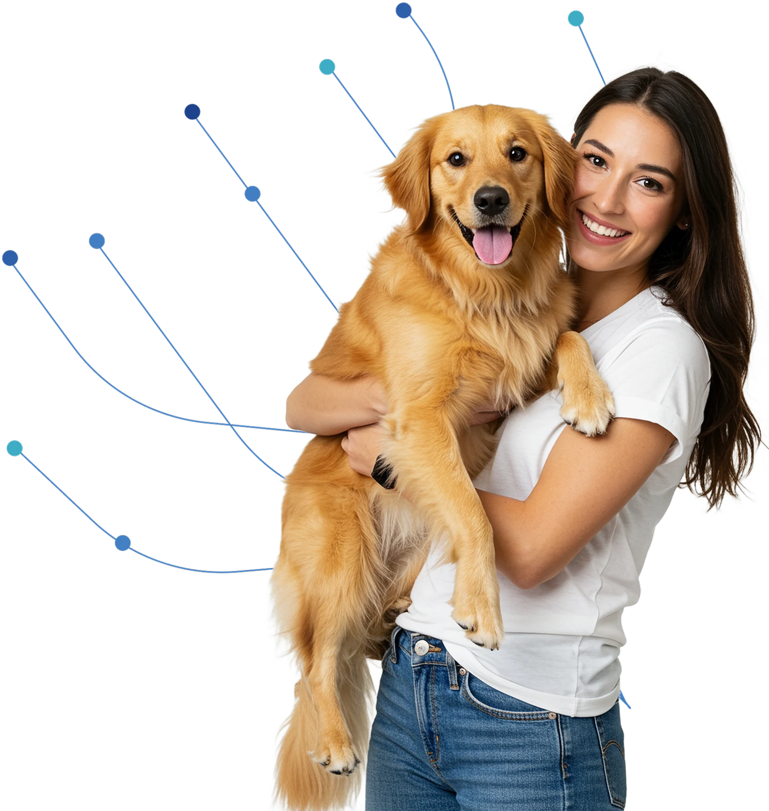 Smiling woman holding a golden retriever