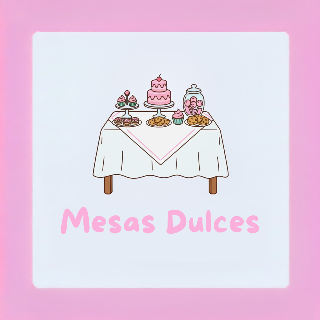 Illustration of a table with a white cloth holding a pink two-tiered cake, cupcakes, cookies, cake pops in a jar, and text 'Mesas Dulces' below.