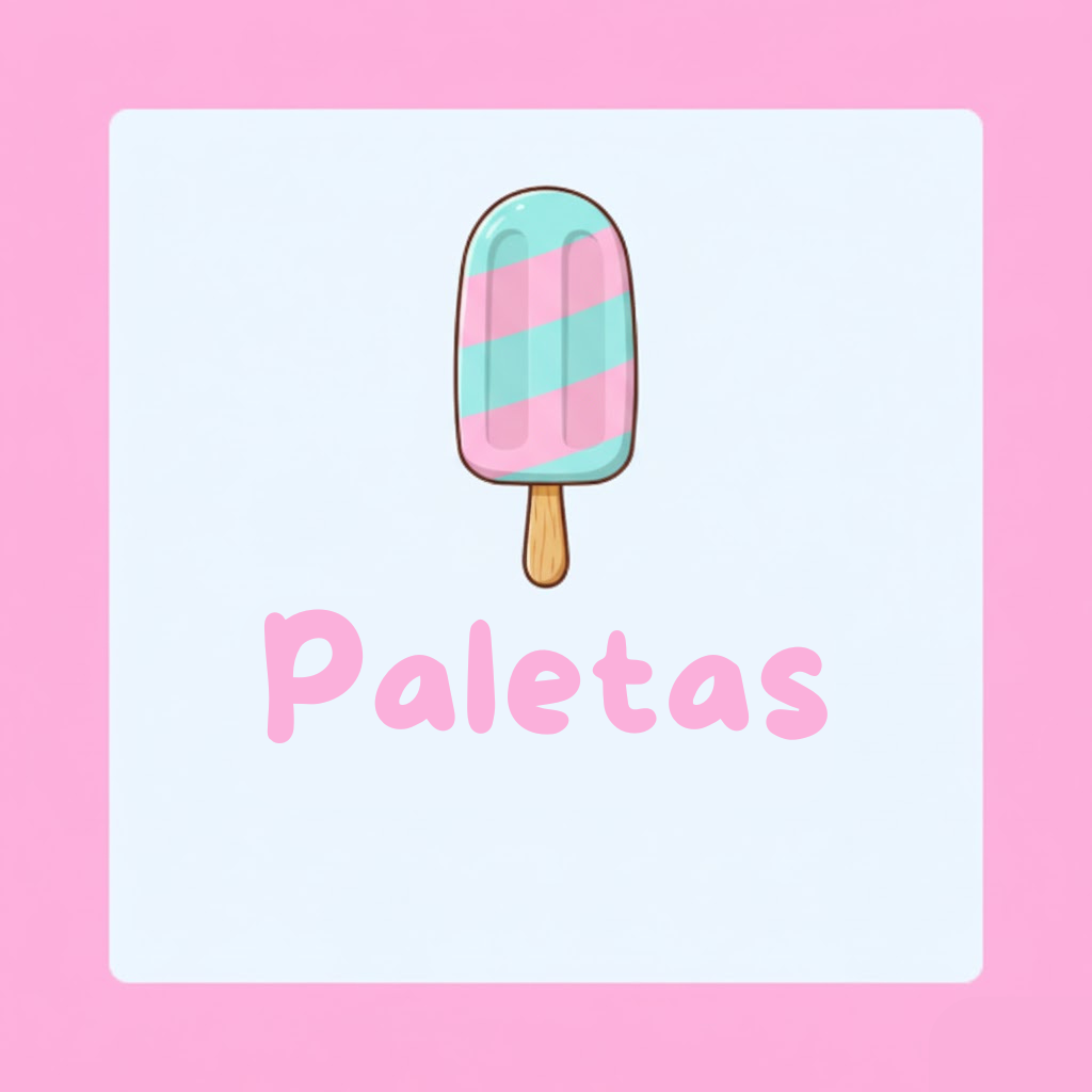 Illustration of a pink and turquoise striped popsicle above the word 'Paletas' in pink text on a light blue square with a pink border.